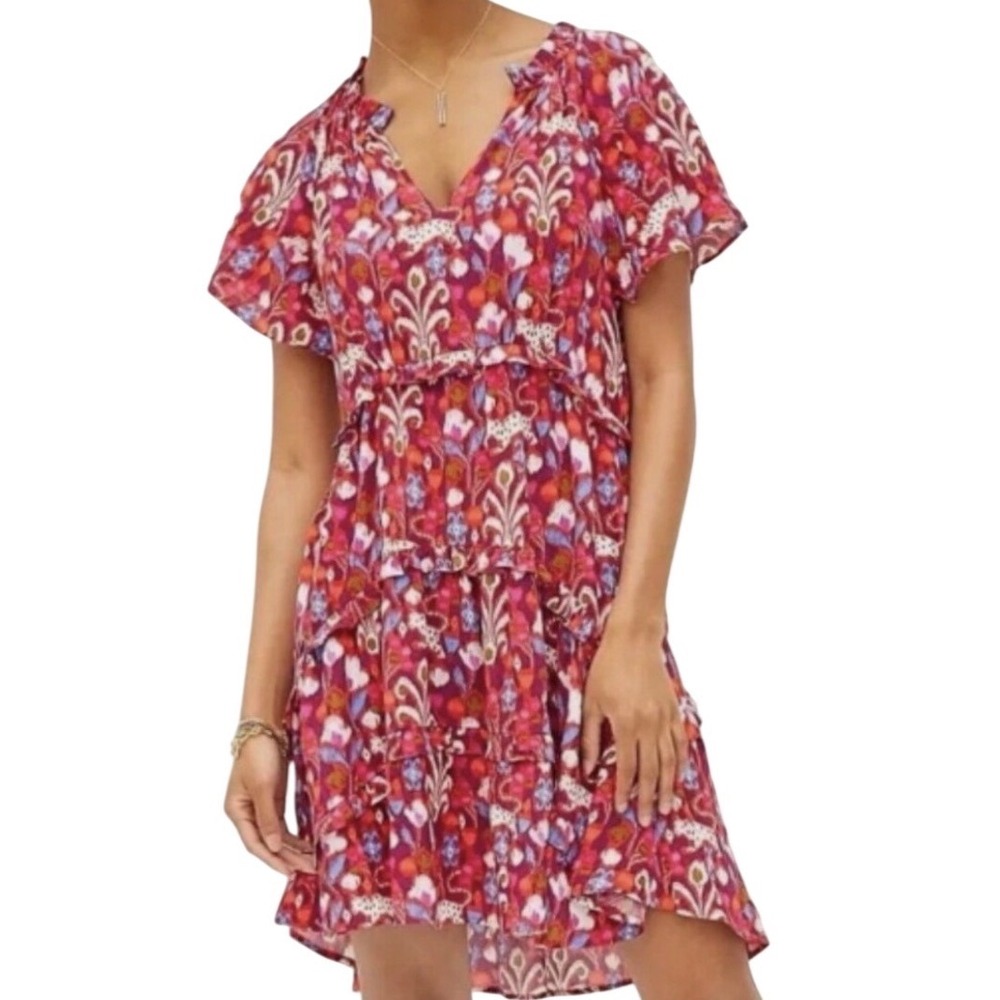 Anthropologie Robin Tiered Mini Dress Pink Red Floral Ikat Cheetah Size Large
